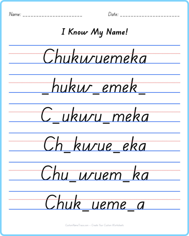 Free Chukwuemeka custom name tracing - fill-in-the-blank free worksheet