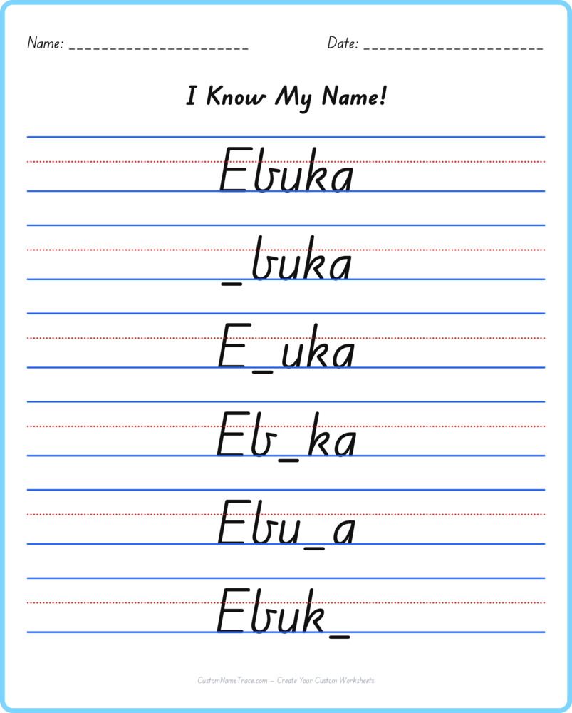 Free Ebuka custom name tracing - fill-in-the-blank free worksheet