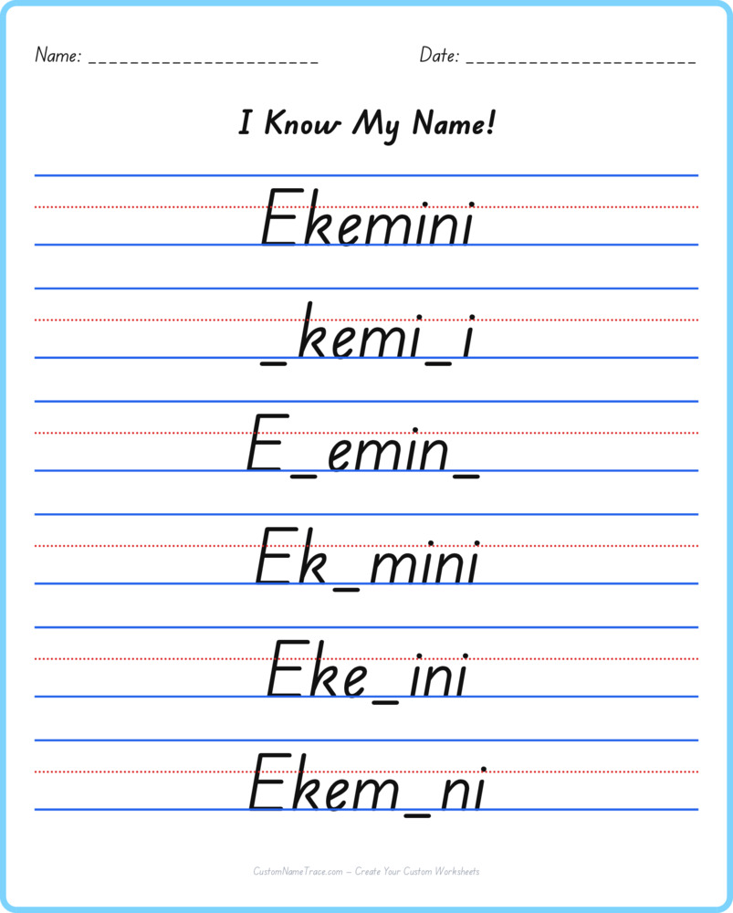 Free Ekemini custom name tracing - fill-in-the-blank free worksheet