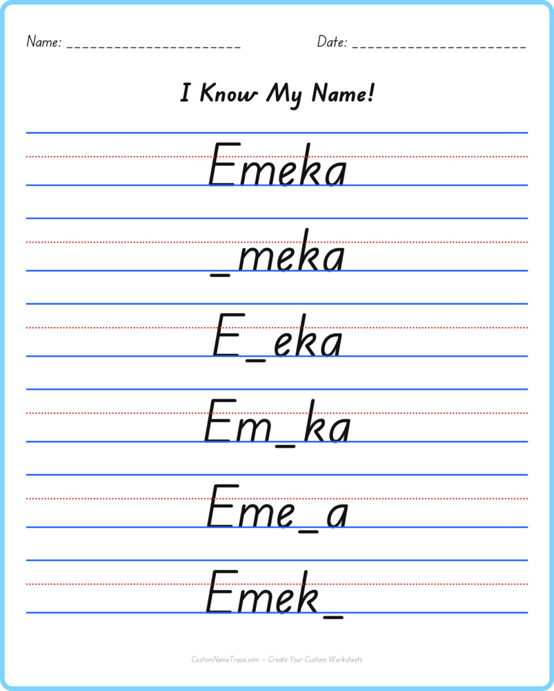 Free Emeka custom name tracing - fill-in-the-blank free worksheet