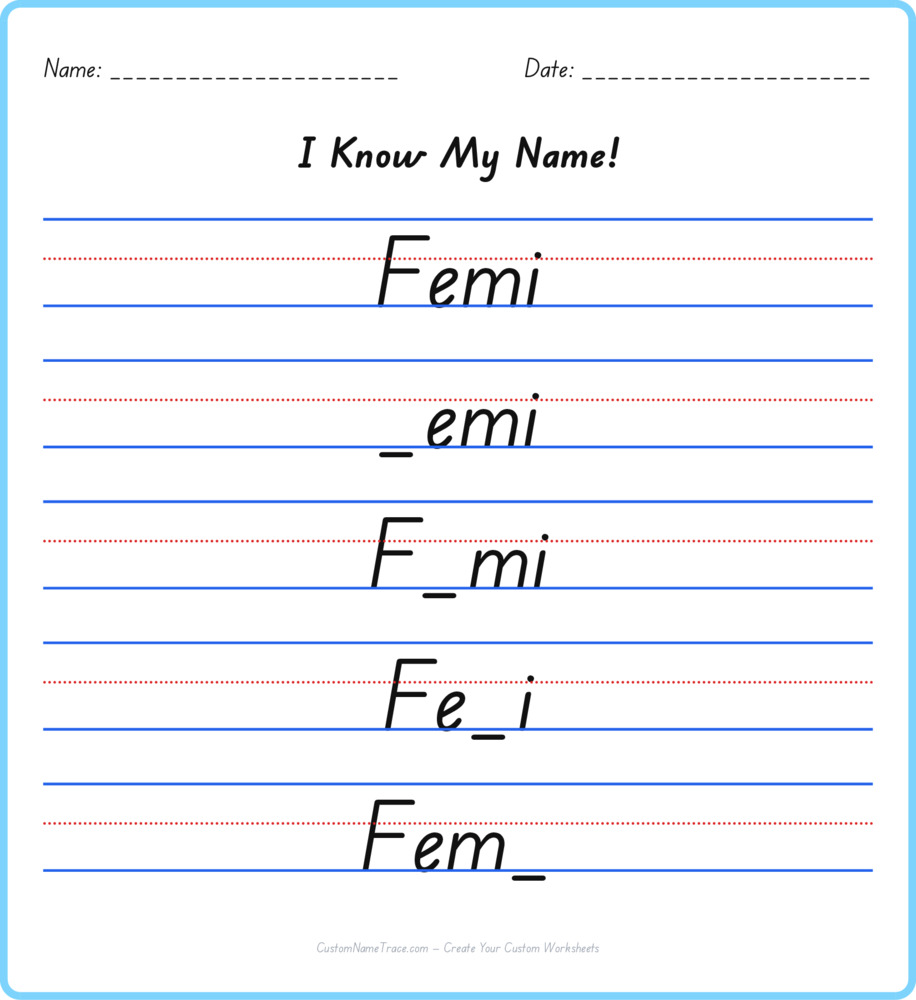 Free Femi custom name tracing - fill-in-the-blank free worksheet