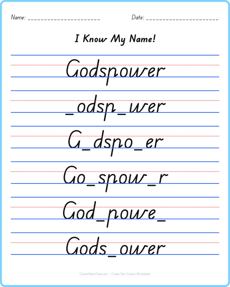 Free Godspower custom name tracing - fill-in-the-blank free worksheet