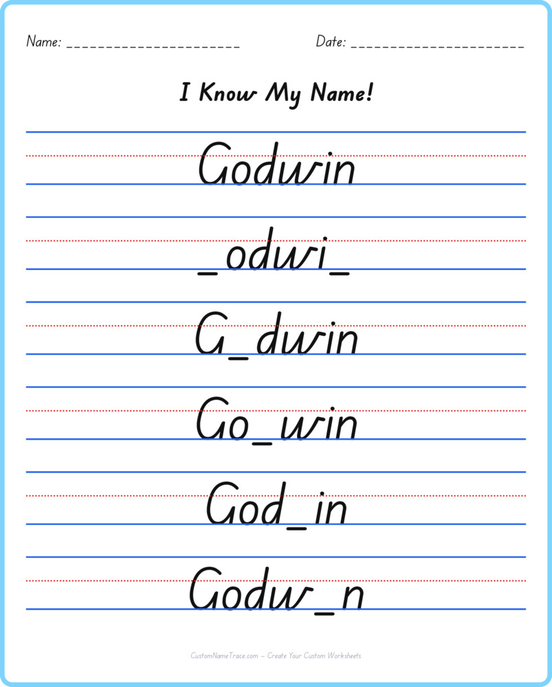 Free Godwin custom name tracing - fill-in-the-blank free worksheet