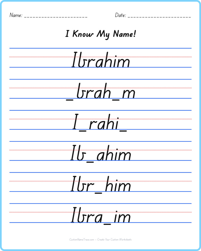 Free Ibrahim custom name tracing - fill-in-the-blank free worksheet