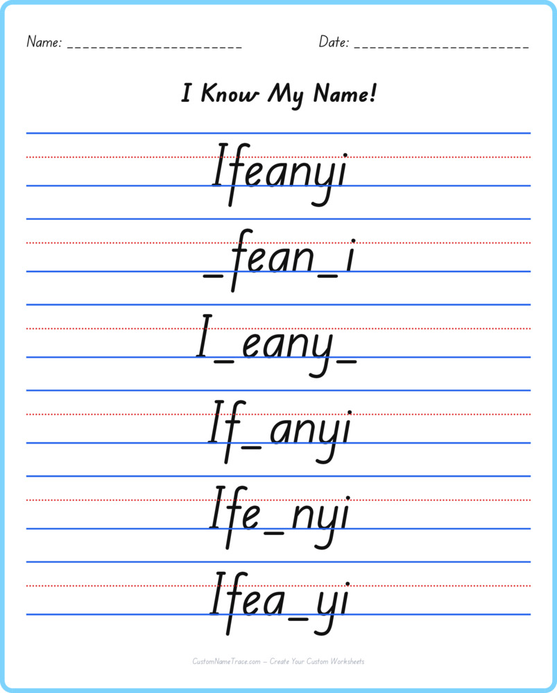 Free Ifeanyi custom name tracing - fill-in-the-blank free worksheet