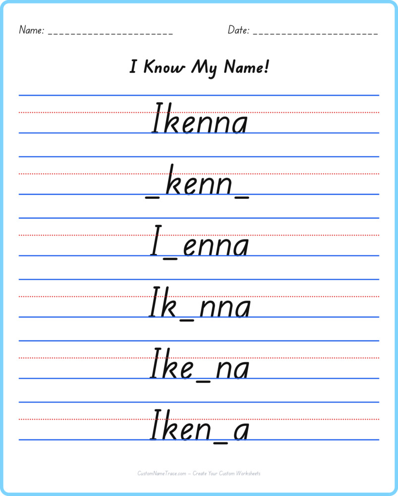 Free Ikenna custom name tracing - fill-in-the-blank free worksheet