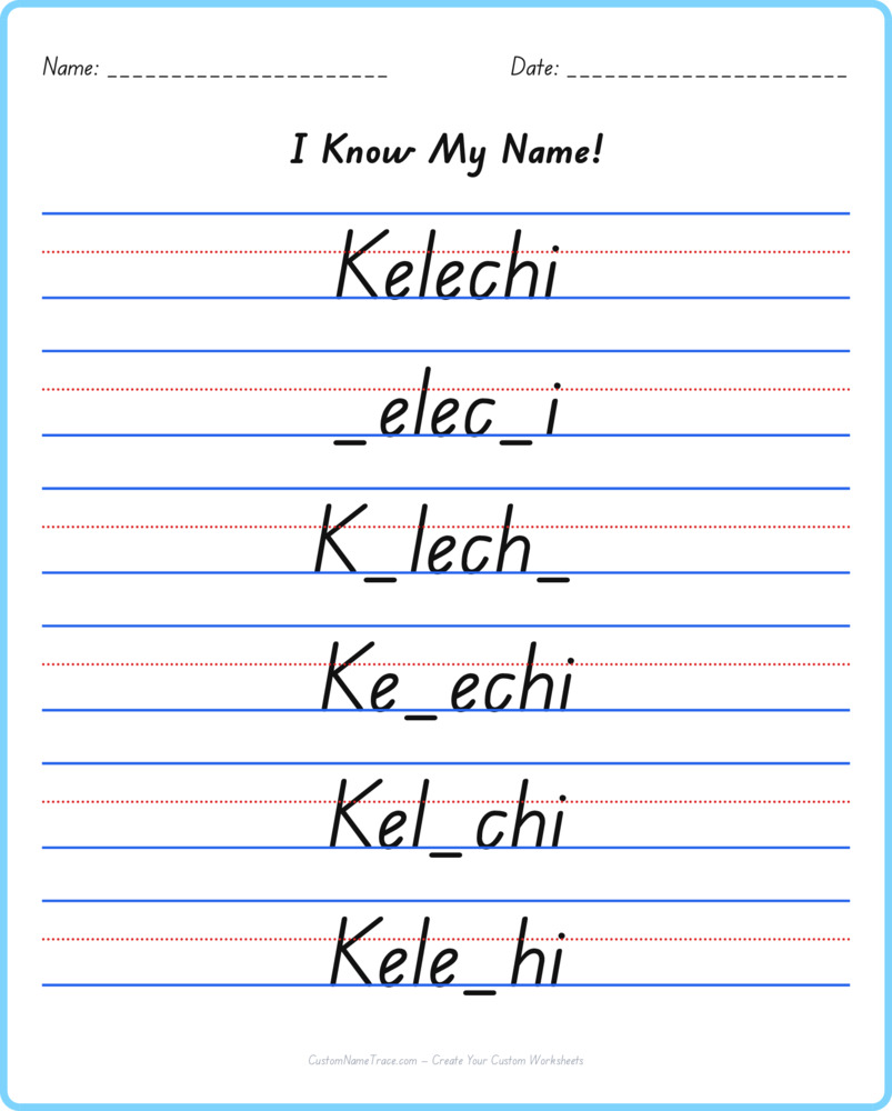 Free Kelechi custom name tracing - fill-in-the-blank free worksheet