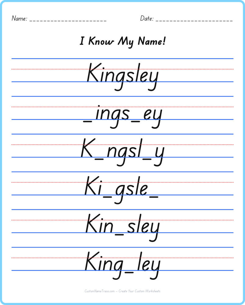 Free Kingsley custom name tracing - fill-in-the-blank free worksheet