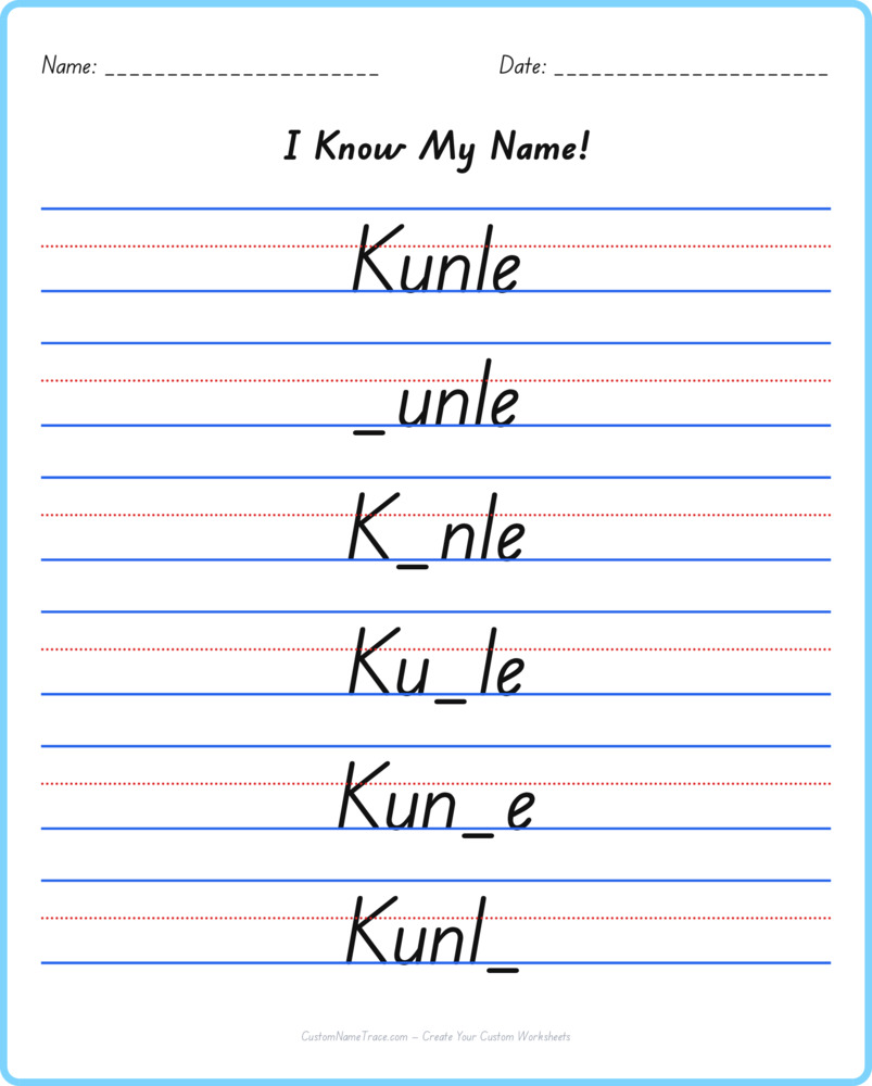 Free Kunle custom name tracing - fill-in-the-blank free worksheet
