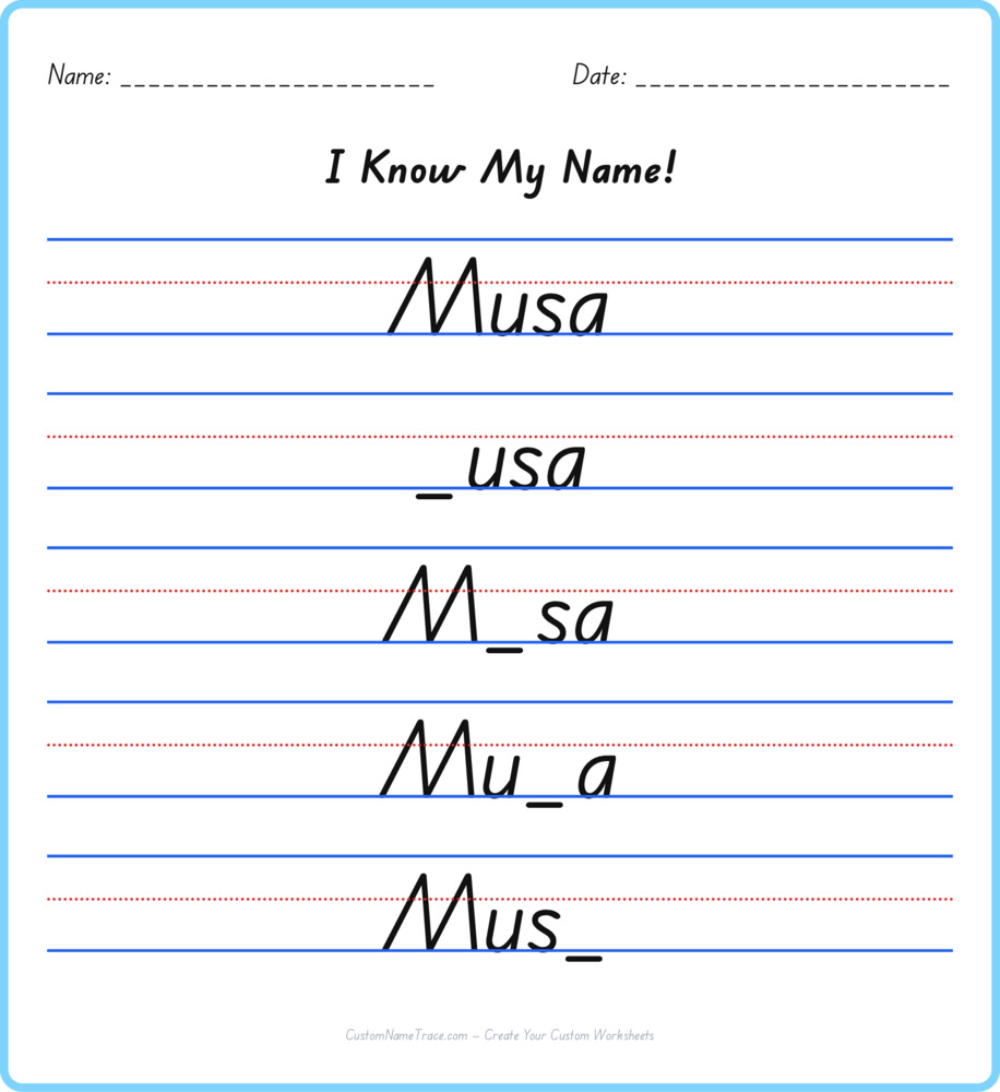 Free Musa custom name tracing - fill-in-the-blank free worksheet