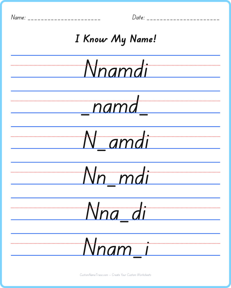 Free Nnamdi custom name tracing - fill-in-the-blank free worksheet