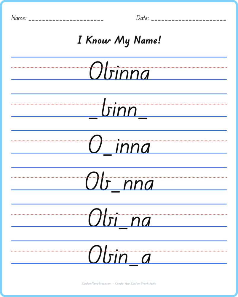 Free Obinna custom name tracing - fill-in-the-blank free worksheet