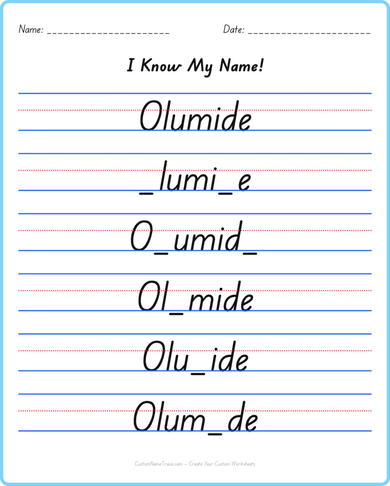 Free Olumide custom name tracing - fill-in-the-blank free worksheet