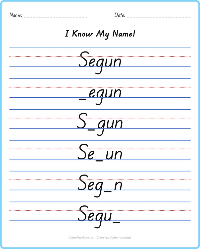 Free Segun custom name tracing - fill-in-the-blank free worksheet