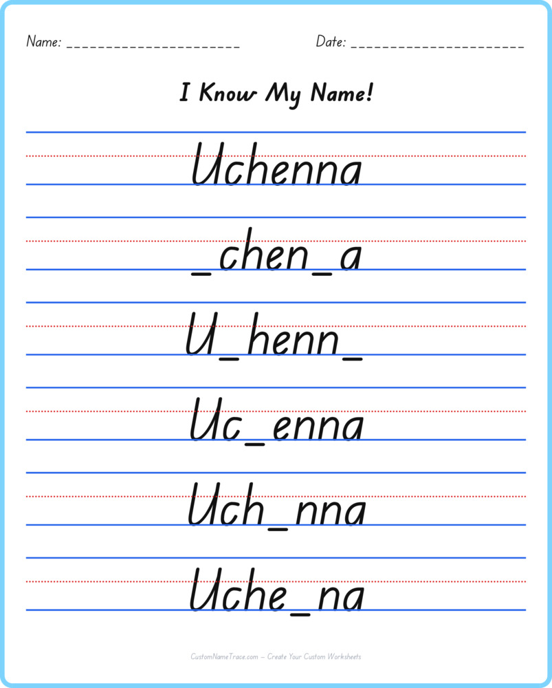 Free Uchenna custom name tracing - fill-in-the-blank free worksheet