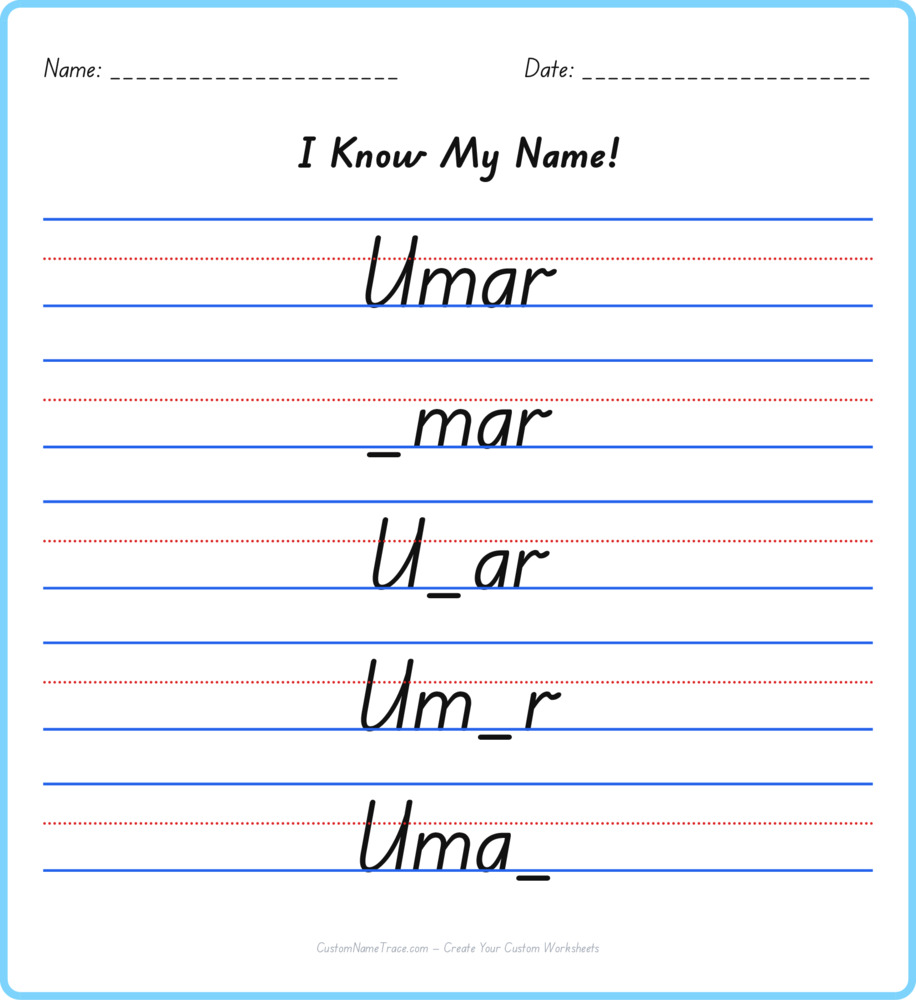 Free Umar custom name tracing - fill-in-the-blank free worksheet