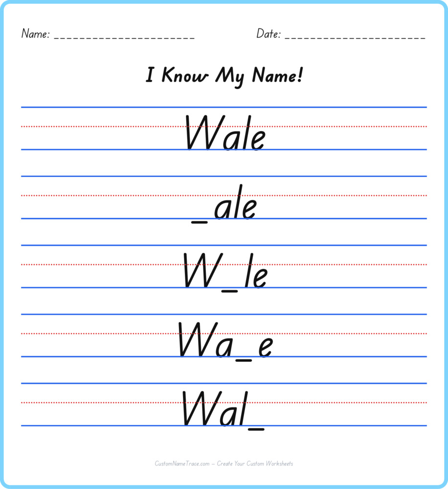 Free Wale custom name tracing - fill-in-the-blank free worksheet