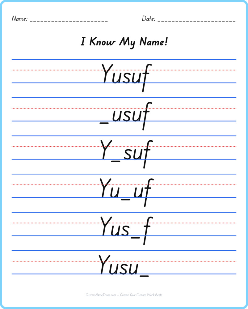 Free Yusuf custom name tracing - fill-in-the-blank free worksheet