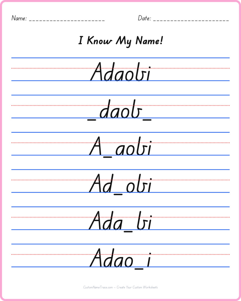 Free Adaobi custom name tracing - fill-in-the-blank free worksheet