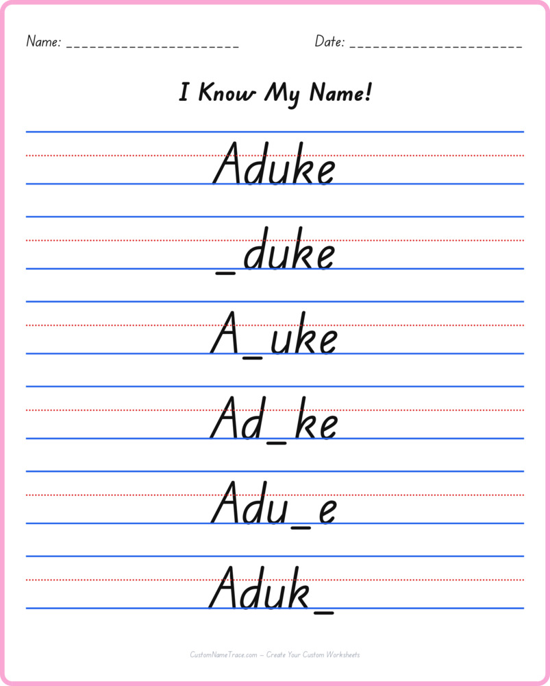 Free Aduke custom name tracing - fill-in-the-blank free worksheet