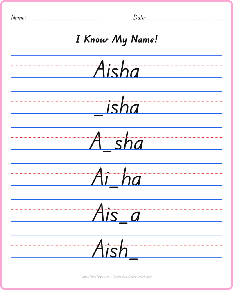 Free Aisha custom name tracing - fill-in-the-blank free worksheet