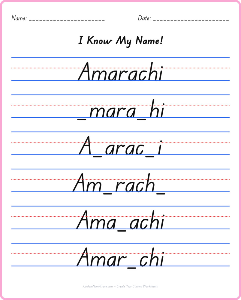 Free Amarachi custom name tracing - fill-in-the-blank free worksheet