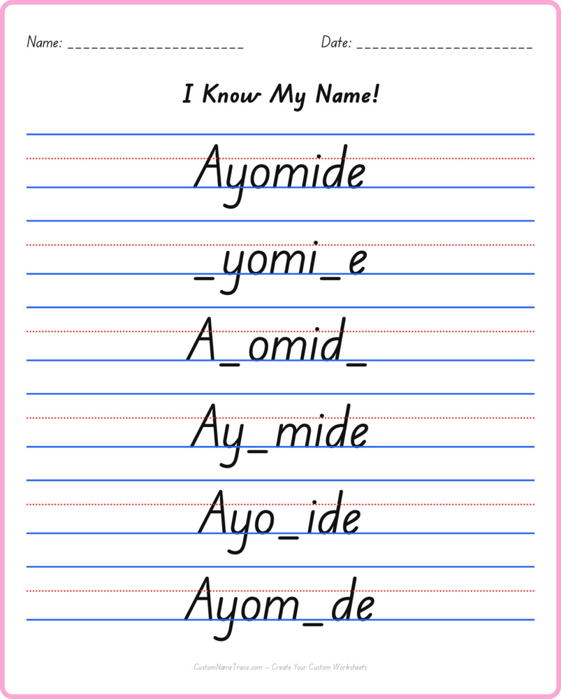 Free Ayomide custom name tracing - fill-in-the-blank free worksheet