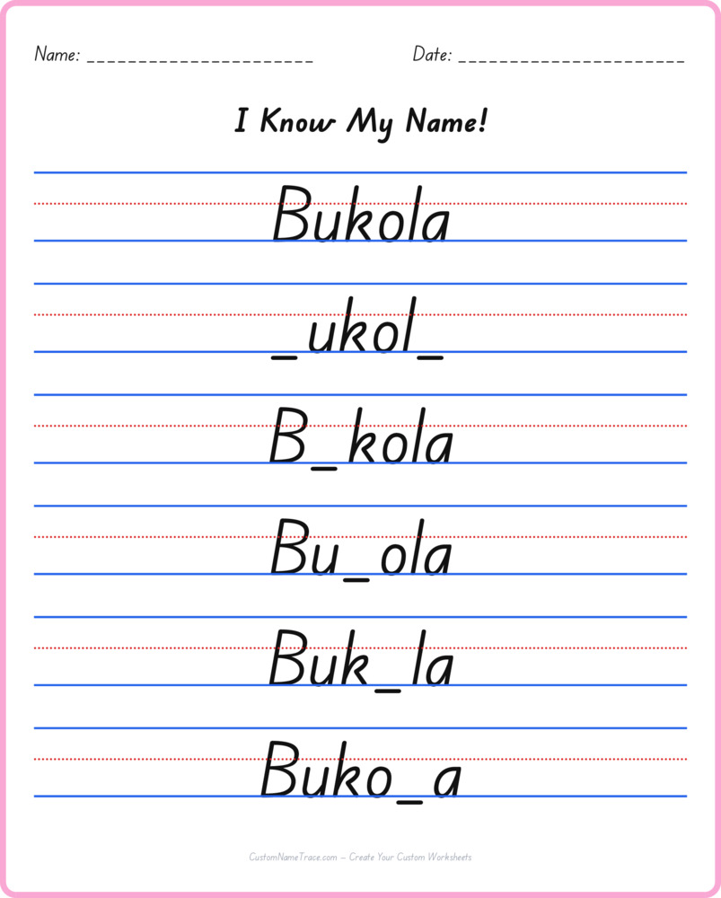 Free Bukola custom name tracing - fill-in-the-blank free worksheet