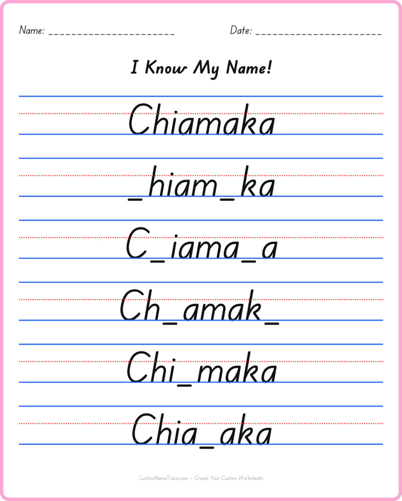 Free Chiamaka custom name tracing - fill-in-the-blank free worksheet