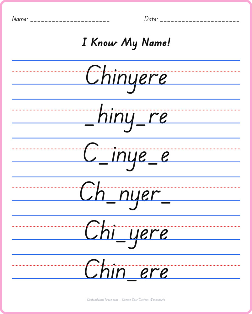 Free Chinyere custom name tracing - fill-in-the-blank free worksheet