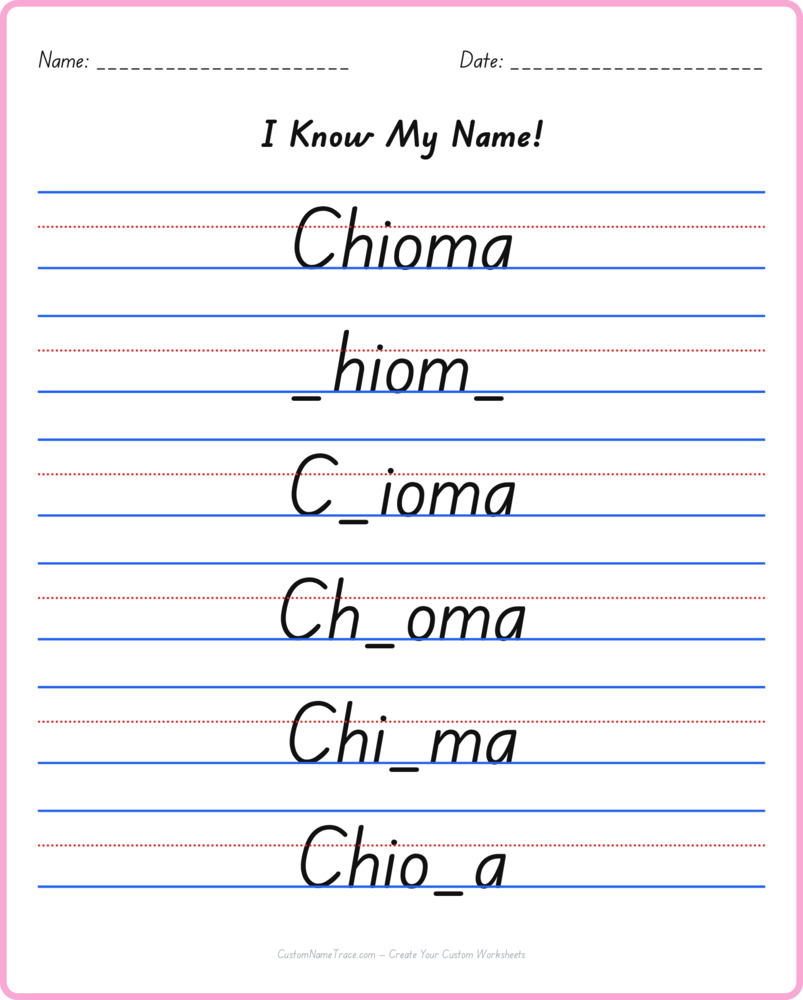 Free Chioma custom name tracing - fill-in-the-blank free worksheet
