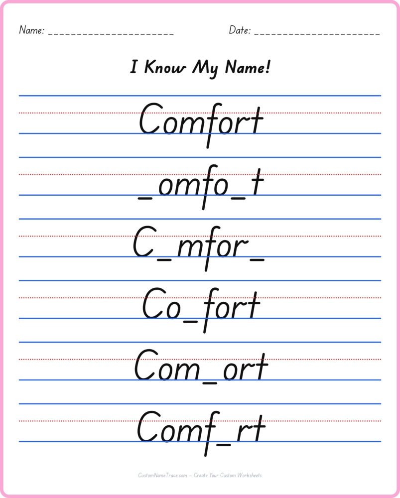 Free Comfort custom name tracing - fill-in-the-blank free worksheet