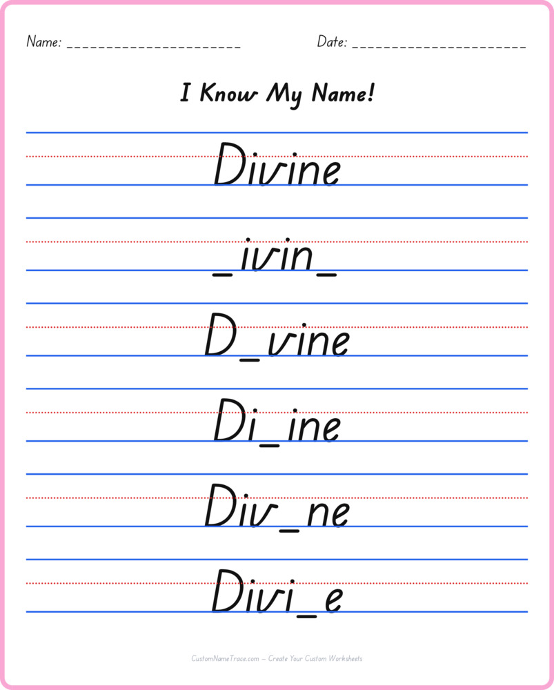 Free Divine custom name tracing - fill-in-the-blank free worksheet