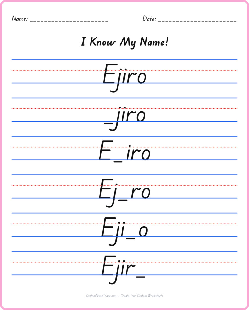 Free Ejiro custom name tracing - fill-in-the-blank free worksheet