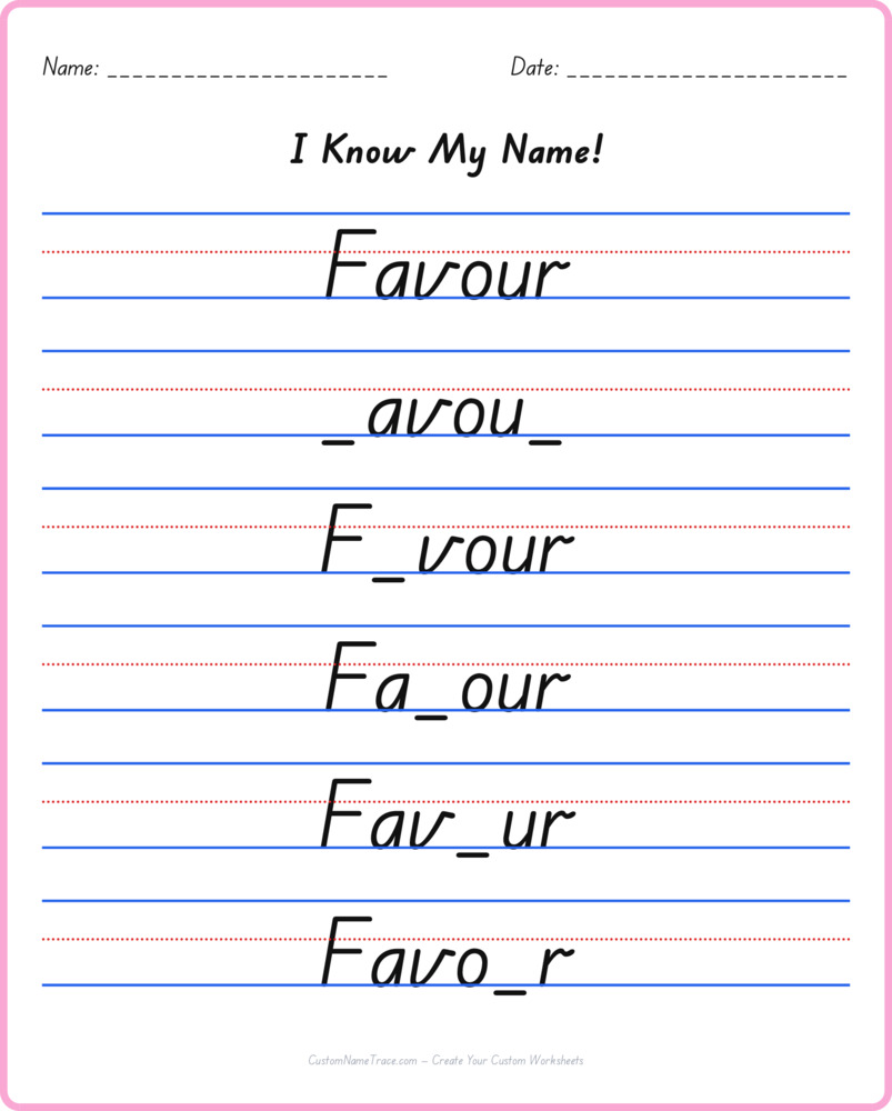 Free Favour custom name tracing - fill-in-the-blank free worksheet