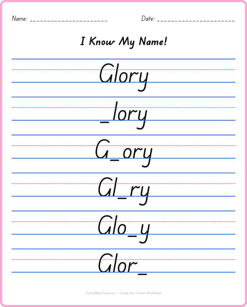 Free Glory custom name tracing - fill-in-the-blank free worksheet