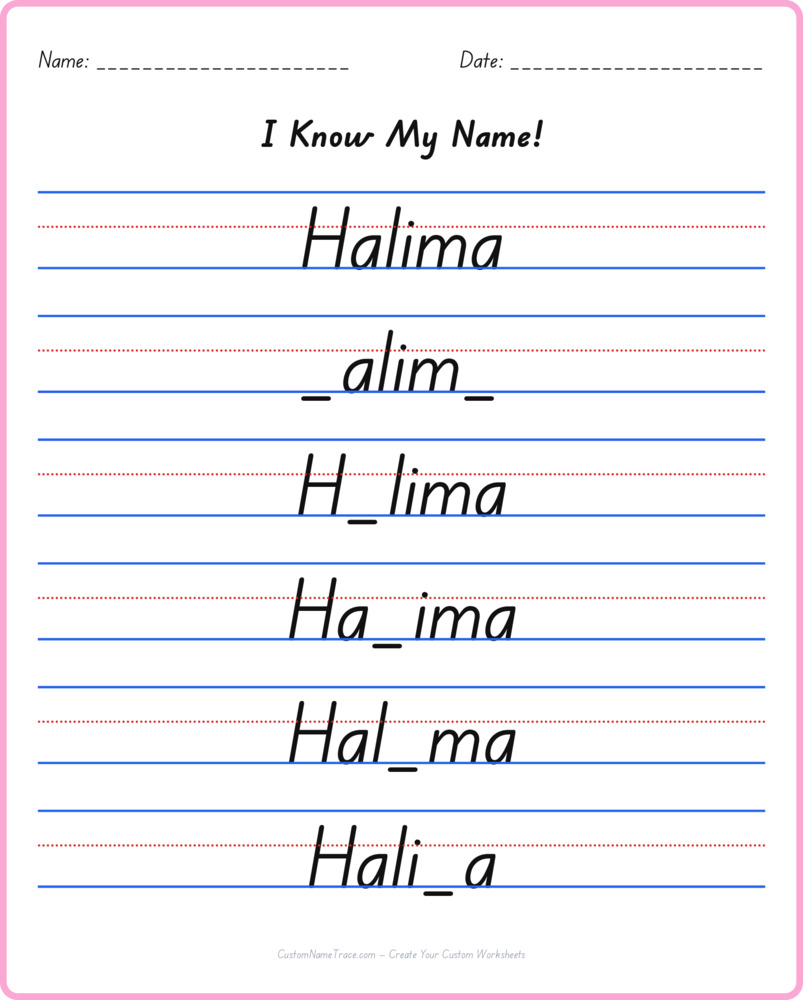 Free Halima custom name tracing - fill-in-the-blank free worksheet