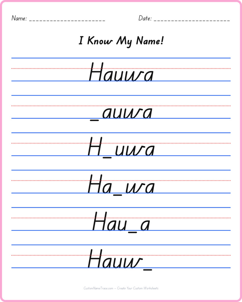 Free Hauwa custom name tracing - fill-in-the-blank free worksheet