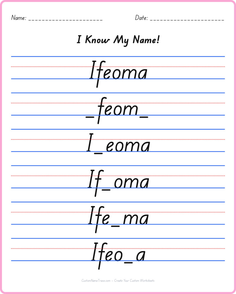 Free Ifeoma custom name tracing - fill-in-the-blank free worksheet