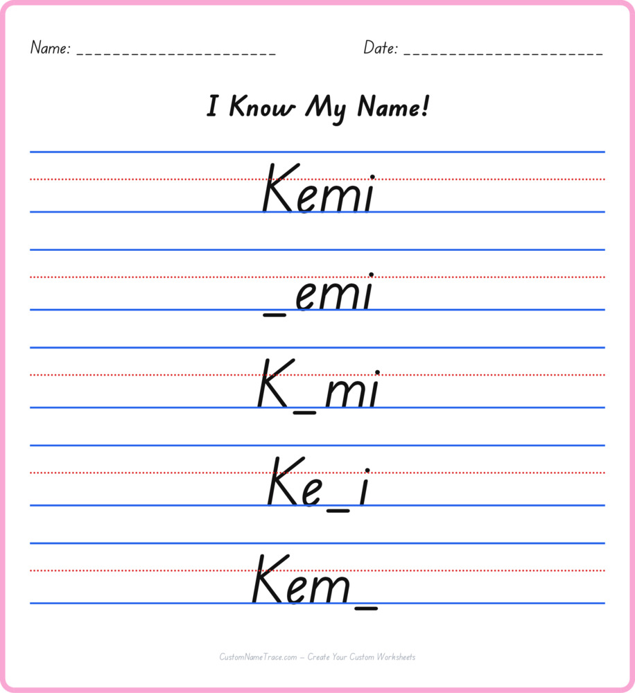 Free Kemi custom name tracing - fill-in-the-blank free worksheet
