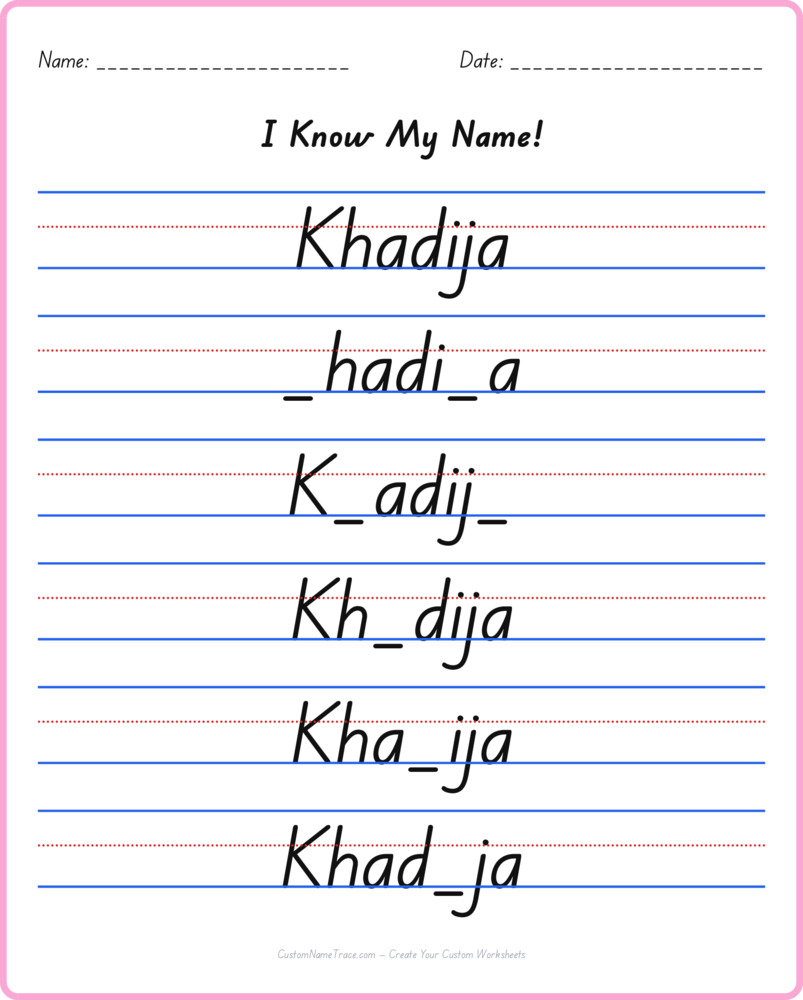 Free Khadija custom name tracing - fill-in-the-blank free worksheet