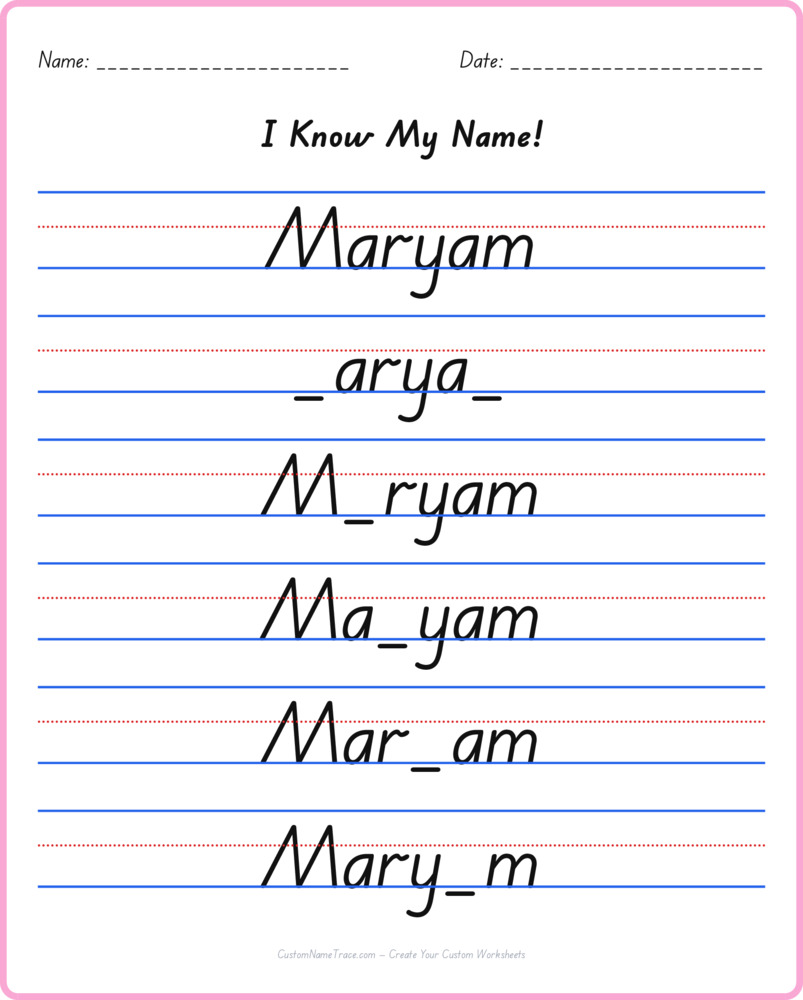 Free Maryam custom name tracing - fill-in-the-blank free worksheet