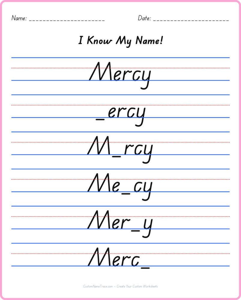 Free Mercy custom name tracing - fill-in-the-blank free worksheet