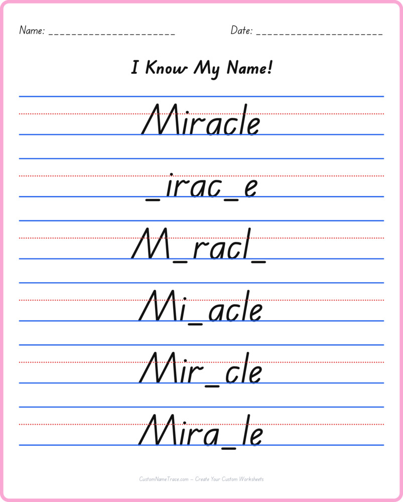 Free Miracle custom name tracing - fill-in-the-blank free worksheet