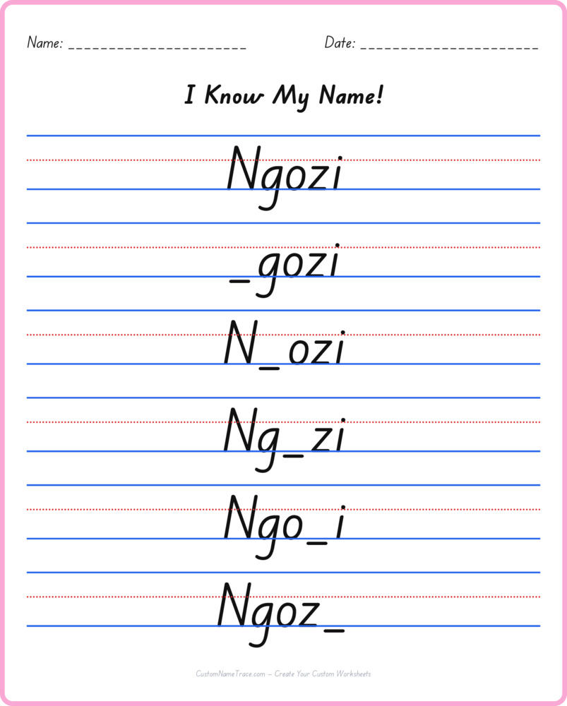 Free Ngozi custom name tracing - fill-in-the-blank free worksheet