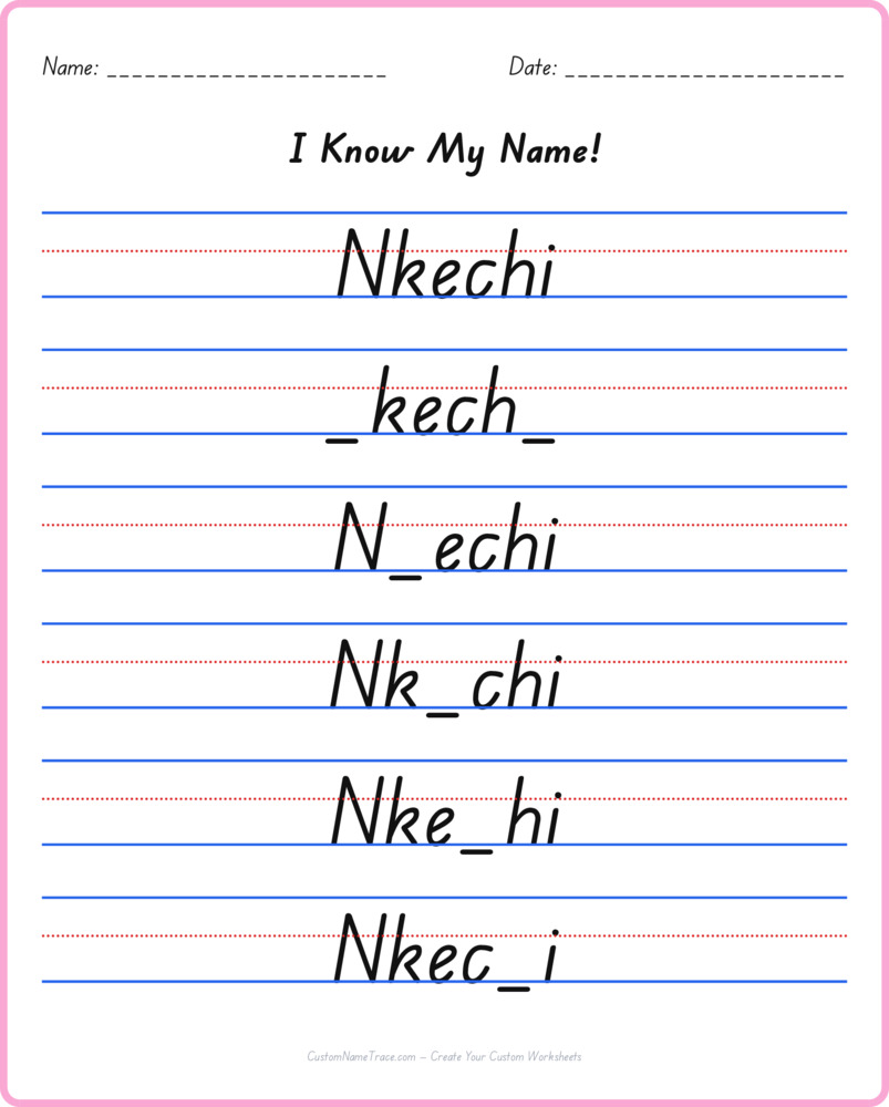 Free Nkechi custom name tracing - fill-in-the-blank free worksheet