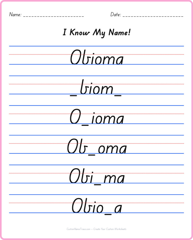 Free Obioma custom name tracing - fill-in-the-blank free worksheet