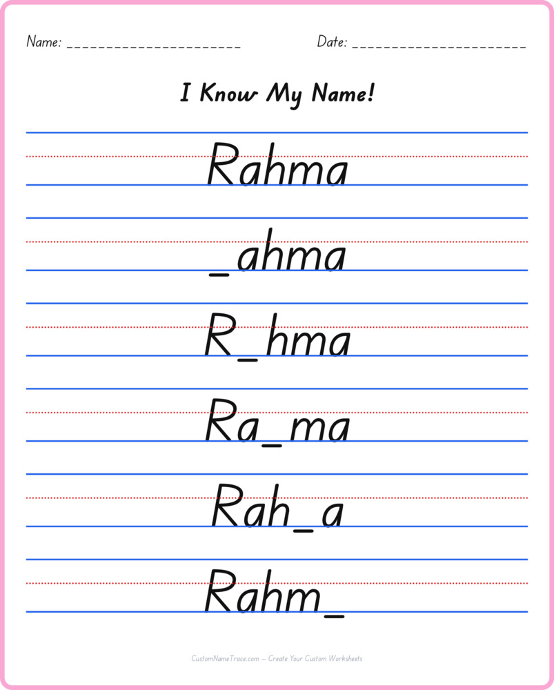 Free Rahma custom name tracing - fill-in-the-blank free worksheet