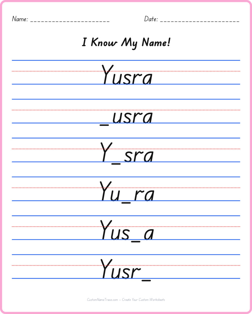 Free Yusra custom name tracing - fill-in-the-blank free worksheet