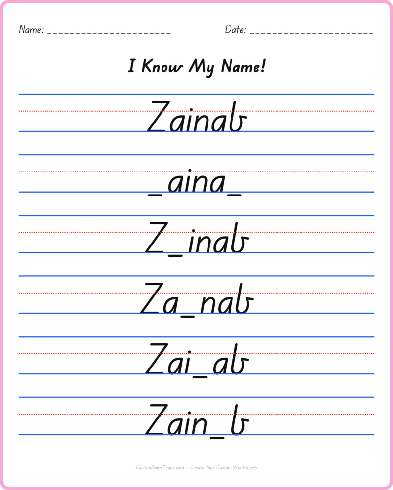 Free Zainab custom name tracing - fill-in-the-blank free worksheet